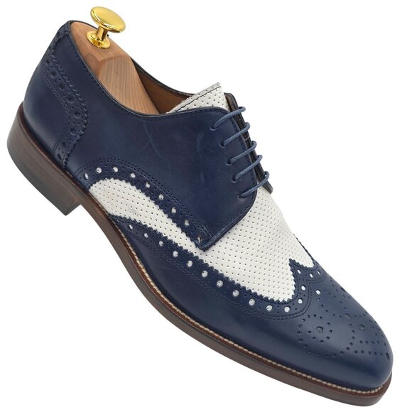 Paul Fredrick Other - Paul Fredrick Navy Blue White Leather Wingtip Derby Oxfords Mens 8 Dress Shoes